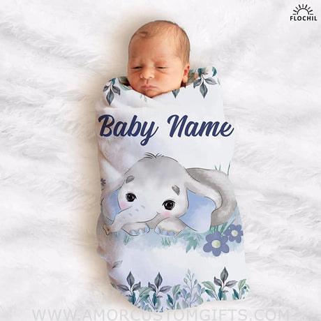 Blankets USA MADE Personalized Baby Blankets, Custom Baby Blanket - Baby Blanket with Name for Boys, Best Gift for Baby, Newborn Elephants Flush Fleece