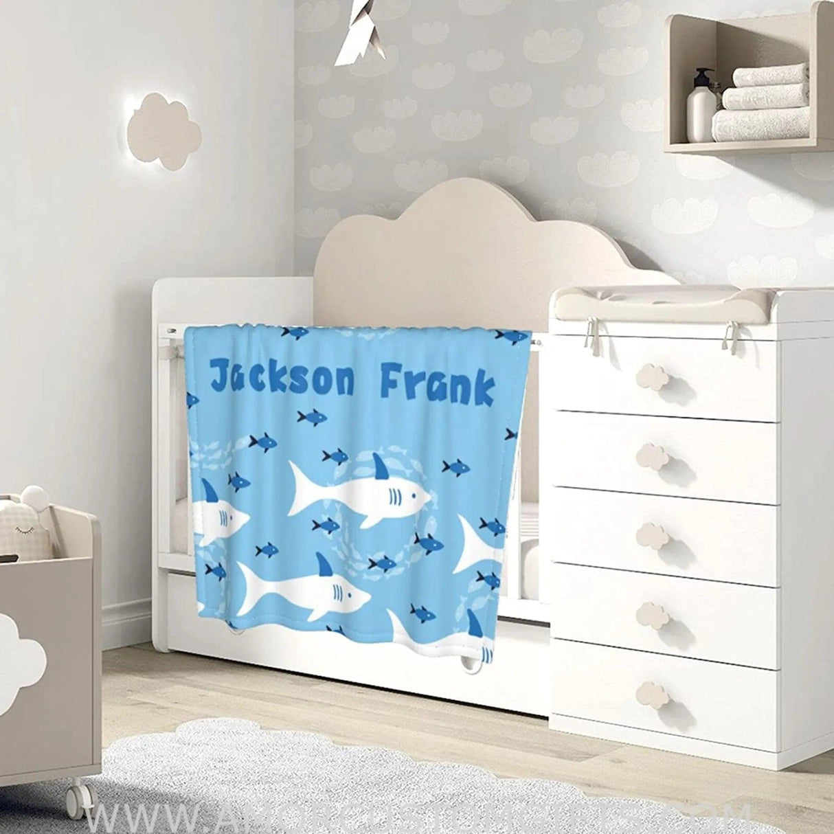 Blankets USA MADE Personalized Baby Blankets for Boys with Name, Customized Shark Baby Boys Blanket with Name for Baby Gifts