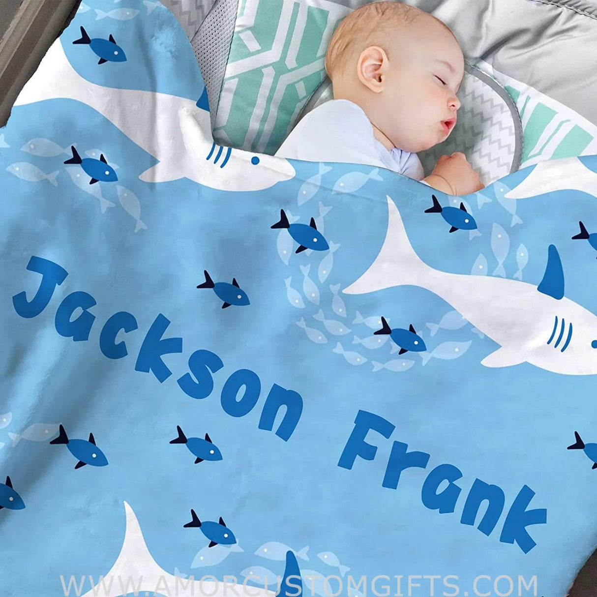 Blankets USA MADE Personalized Baby Blankets for Boys with Name, Customized Shark Baby Boys Blanket with Name for Baby Gifts