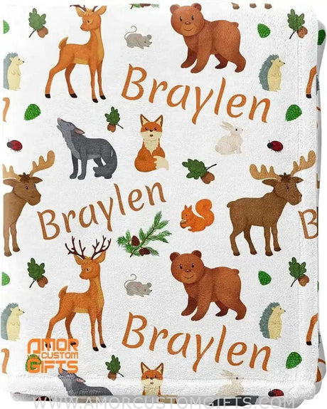 Blankets USA MADE Personalized Baby Blankets for Girls & Boys, Woodland Animals Fox, Deer, Moose, Bear - Custom Blankets for Baby Shower