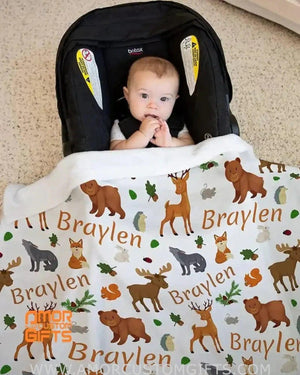 Blankets USA MADE Personalized Baby Blankets for Girls & Boys, Woodland Animals Fox, Deer, Moose, Bear - Custom Blankets for Baby Shower