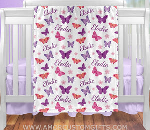 Blankets USA MADE Personalized Baby Blankets for Girls with Name and Purple Butterflies - Blankets for Baby Shower, Birthday, Christmas