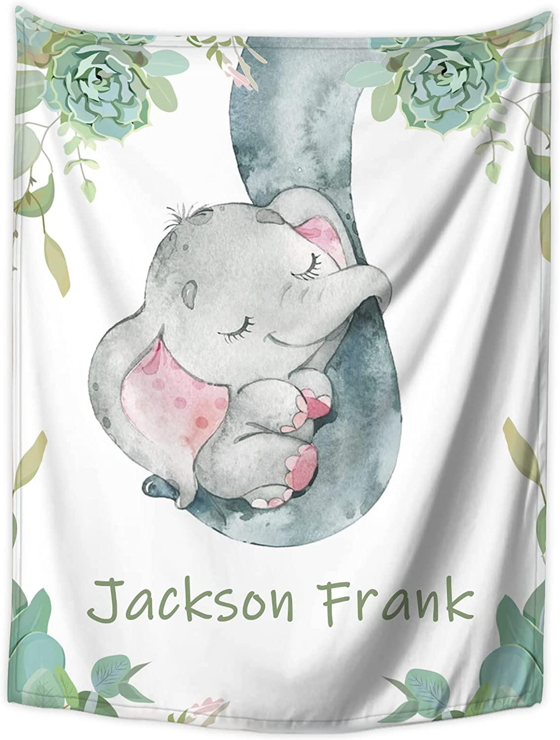 Blankets USA MADE Personalized Baby Blankets Gifts with Name, Baby Boys Girls Elephant Blankets