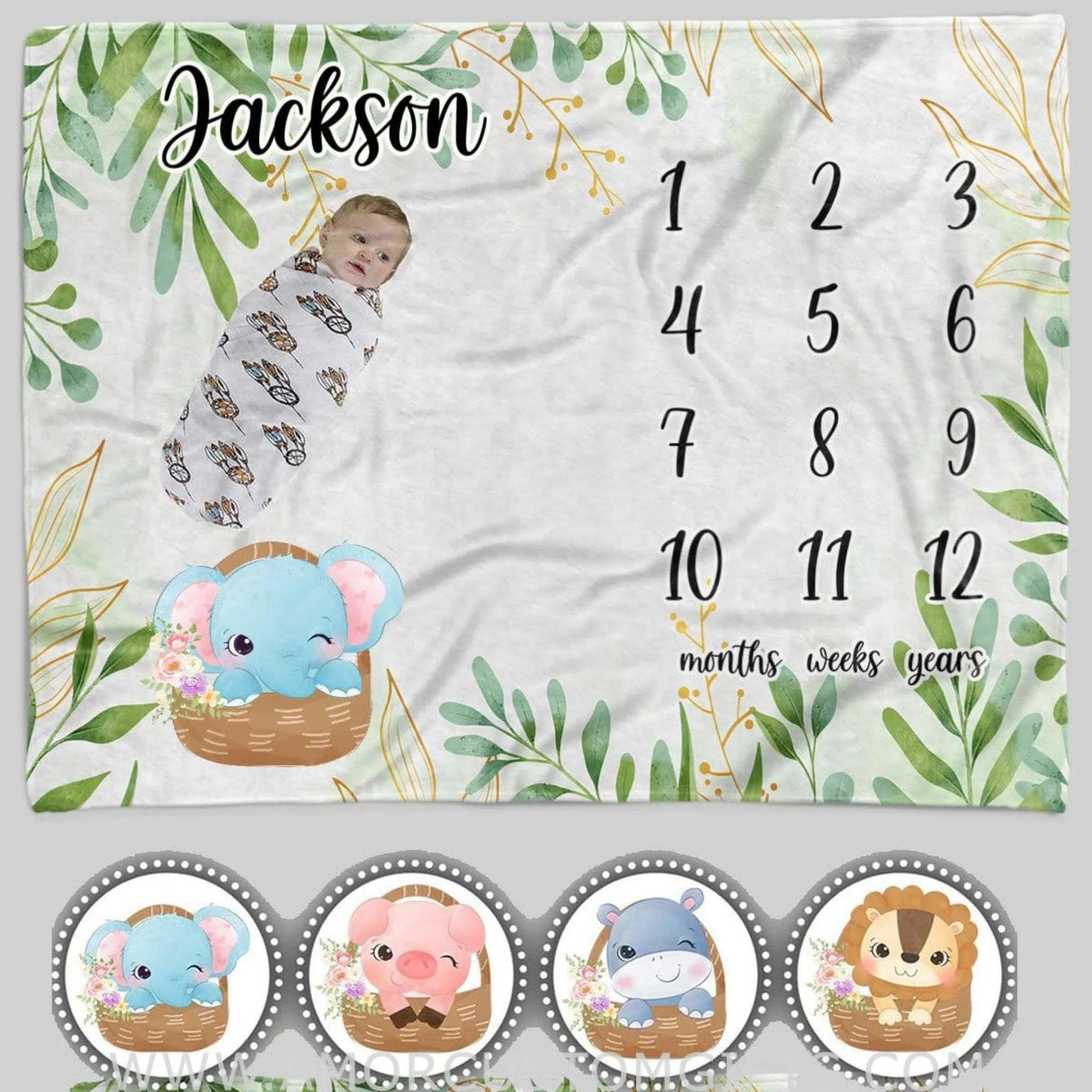 Blankets Personalized Baby Blankets, Milestone Blanket For Baby, Elephant, Pig, Lion Throw Blanket, Monogram Blanket for Boy and Girl