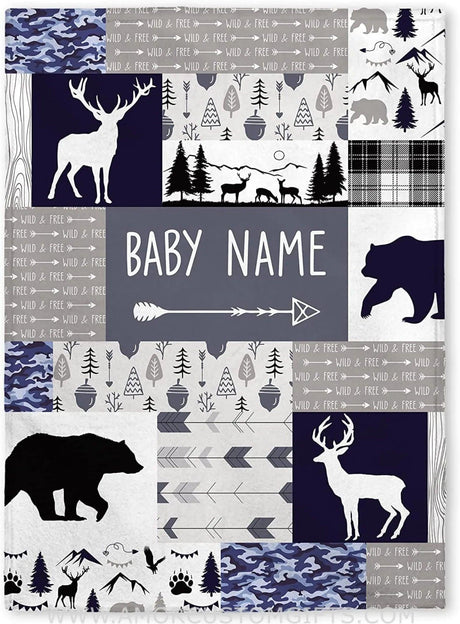 Blankets Personalized Baby Blankets, Newborn Woodland Flush Fleece blanket - Baby Blanket with Name for Boys, Best Gift for Baby