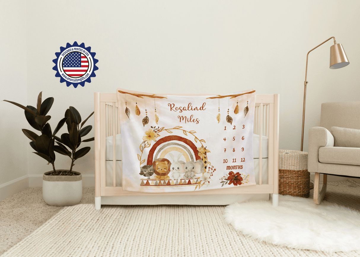 Blankets USA MADE Personalized Baby Boho Jungle Safari Wildlife  Milestone Blanket, Custom Name Monthly Growth Tracker Baby Girl Photo Prop Gender Reveal Tapestry Nursery Theme