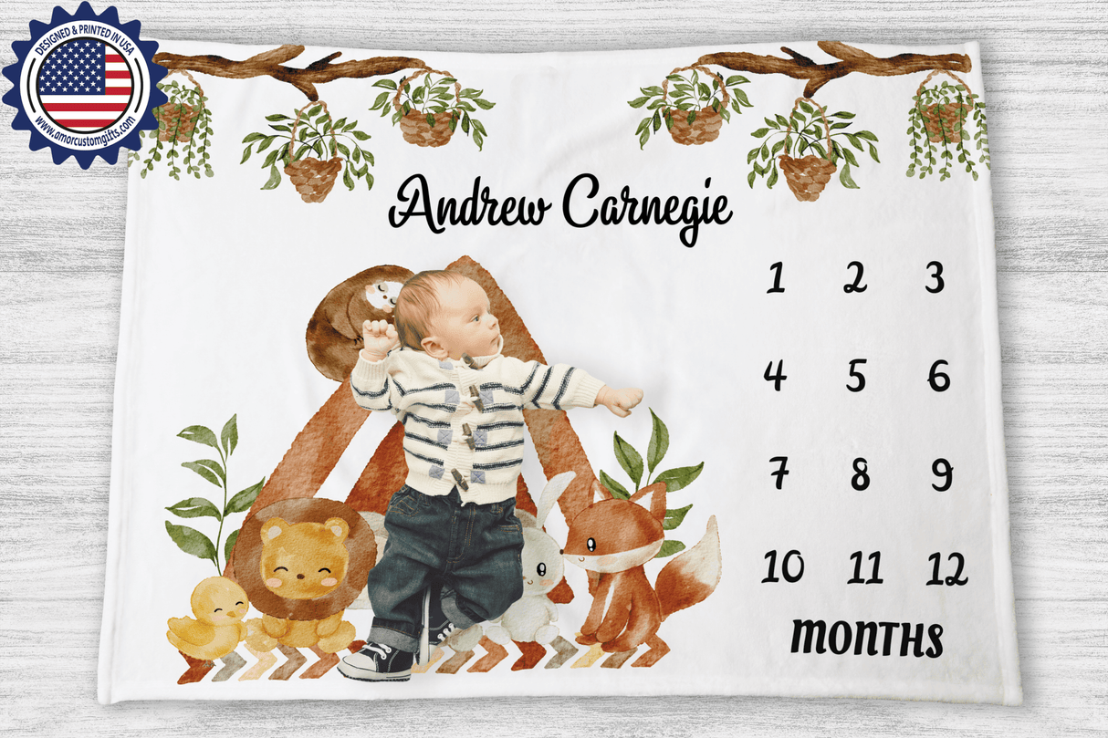 Blankets Personalized Baby Boho Safari Wildlife Milestone Blanket, Custom Name Monthly Growth Tracker Baby Boy Photo Prop Gender Reveal Tapestry Nursery Theme