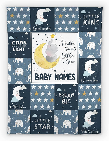 Blankets USA MADE Personalized Baby Boy Blankets, Customize Blanket with Names - Soft Flush Fleece for Newborn Blue Little Star Elephant