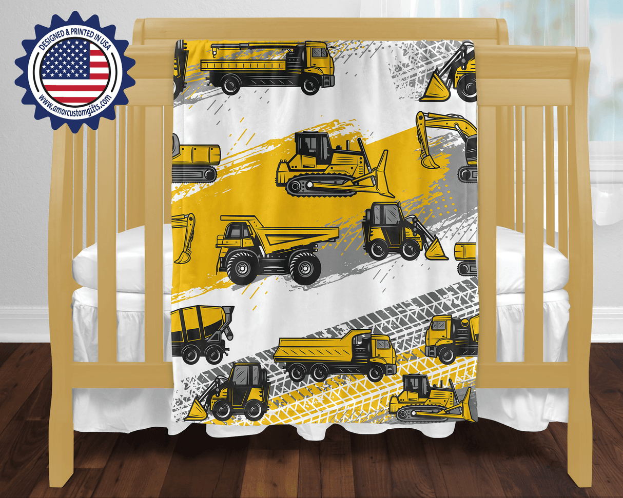 Blankets USA MADE Personalized Baby Boy Construction Vehicles Truck Blanket, Custom Name Blanket