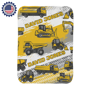 Blankets USA MADE Personalized Baby Boy Construction Vehicles Truck Blanket, Custom Name Blanket