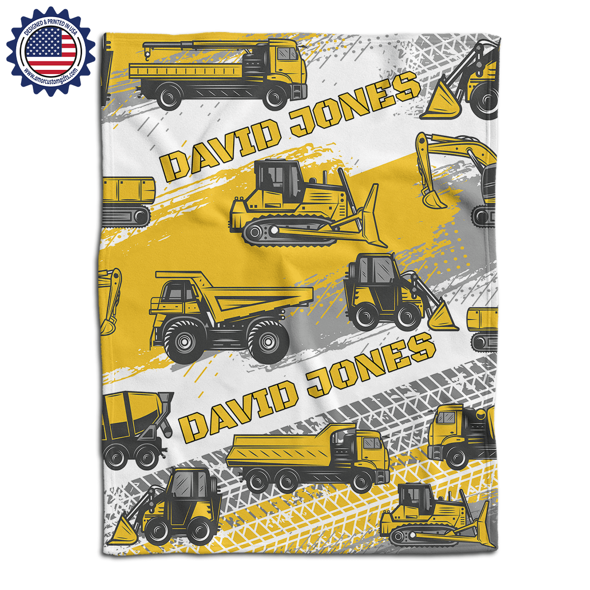 Blankets USA MADE Personalized Baby Boy Construction Vehicles Truck Blanket, Custom Name Blanket