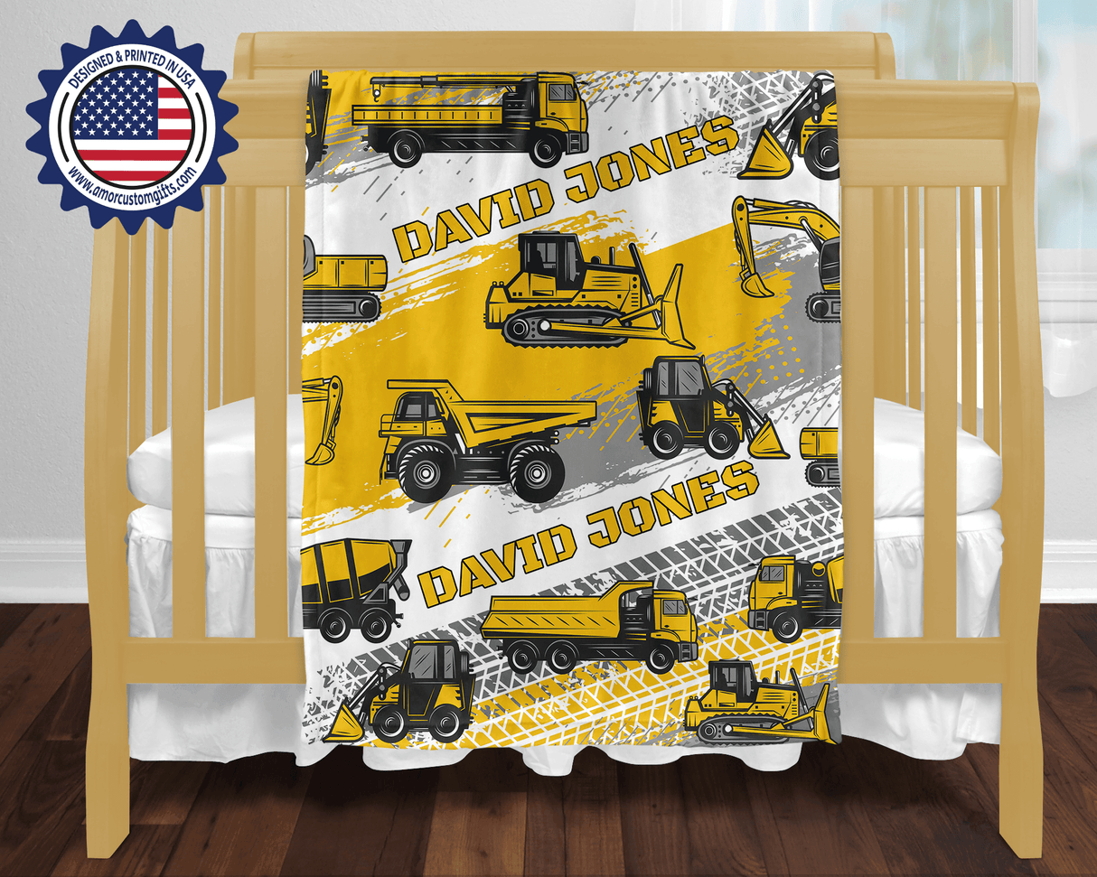 Blankets Personalized Baby Boy Construction Vehicles Truck Blanket, Custom Name Blanket