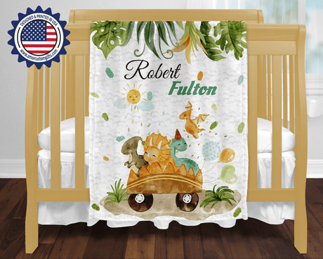 Blankets USA MADE Personalized Baby Boy Dinosaur Jungle Blanket, Custom Name Baby Toddler Kids Blanket