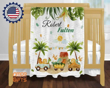 Blankets USA MADE Personalized Baby Boy Dinosaur Jungle Blanket, Custom Name Baby Toddler Kids Blanket