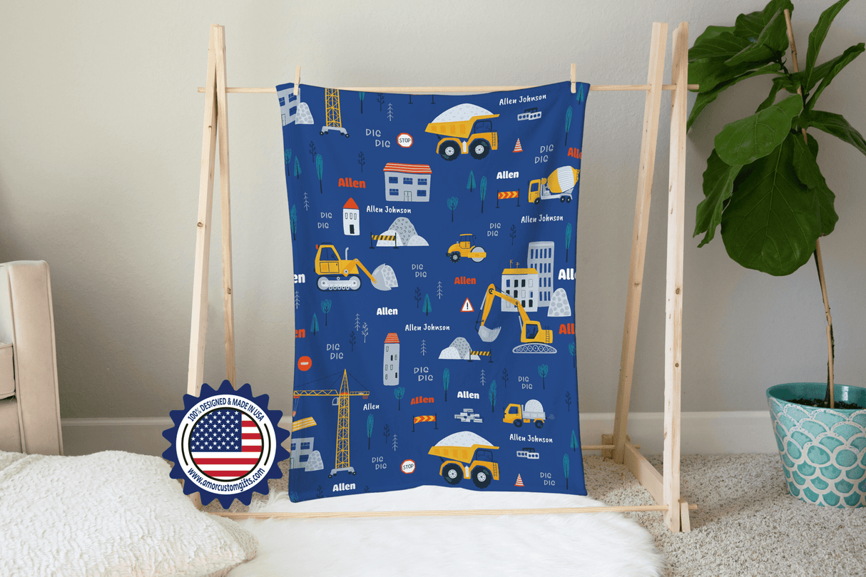 Blankets USA MADE Personalized Baby Boys Construction Vehicles Excavator Truck Blue White Blanket, Custom Name Blanket