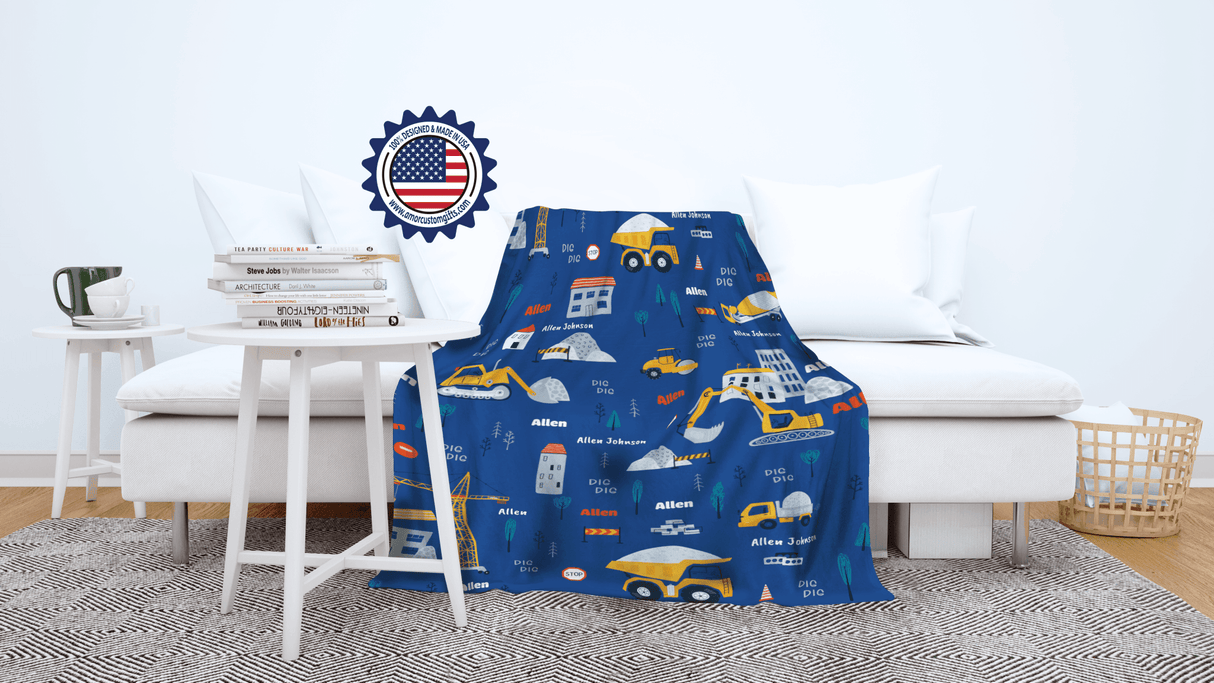 Blankets Personalized Baby Boys Construction Vehicles Excavator Truck Blue White Blanket, Custom Name Blanket