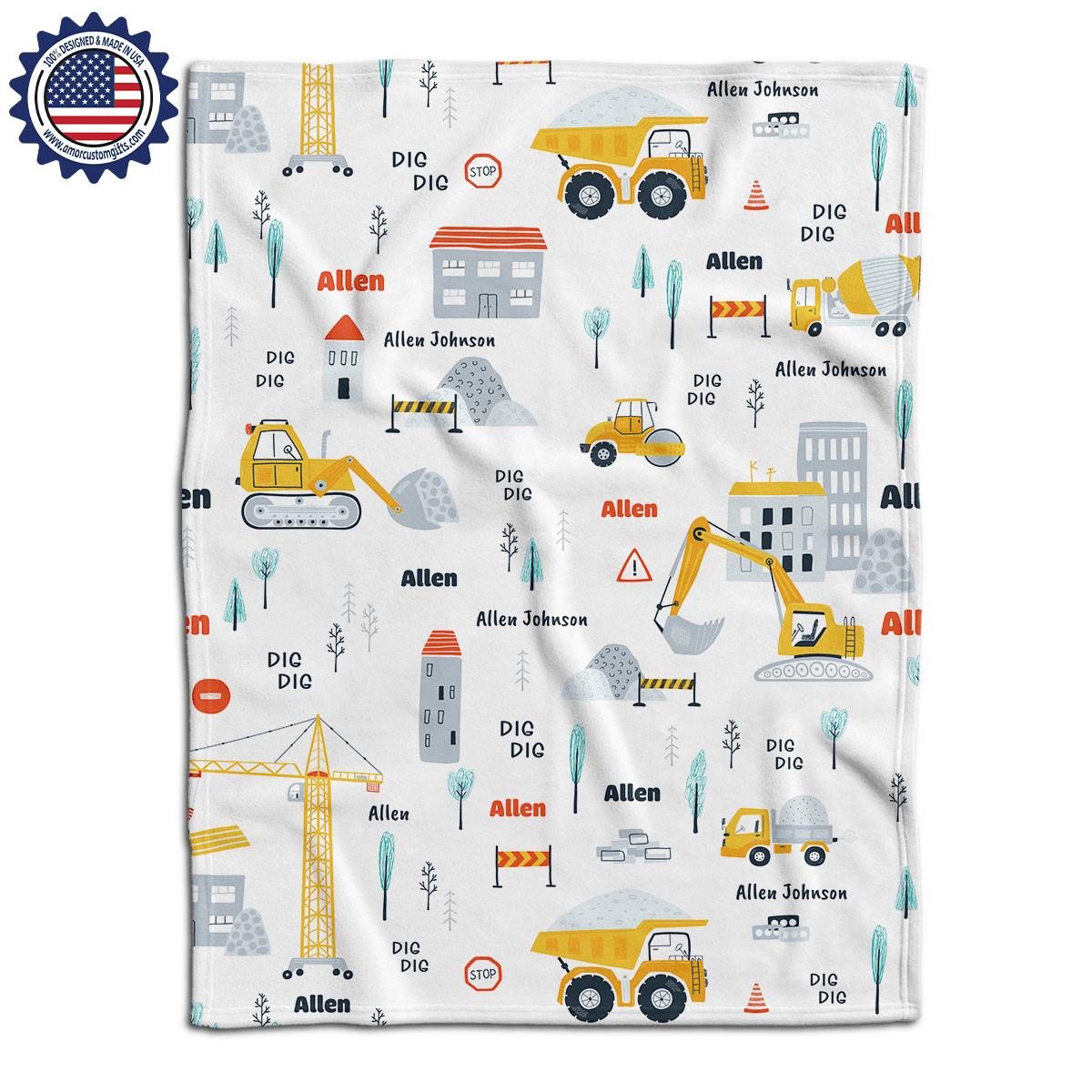 Blankets Personalized Baby Boys Construction Vehicles Excavator Truck Blue White Blanket, Custom Name Blanket