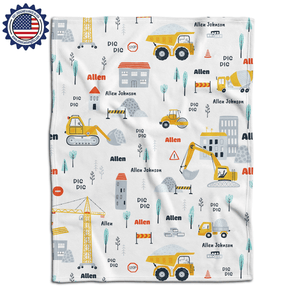 Blankets Personalized Baby Boys Construction Vehicles Excavator Truck Blue White Blanket, Custom Name Blanket