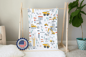 Blankets Personalized Baby Boys Construction Vehicles Excavator Truck Blue White Blanket, Custom Name Blanket