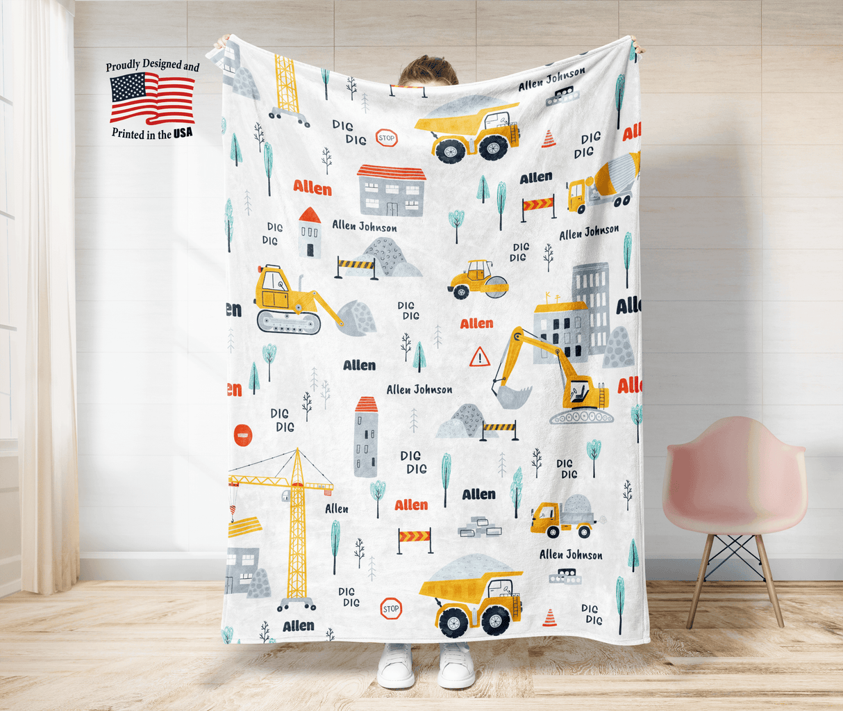 Blankets Personalized Baby Boys Construction Vehicles Excavator Truck Blue White Blanket, Custom Name Blanket