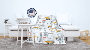 Blankets Personalized Baby Boys Construction Vehicles Excavator Truck Blue White Blanket, Custom Name Blanket