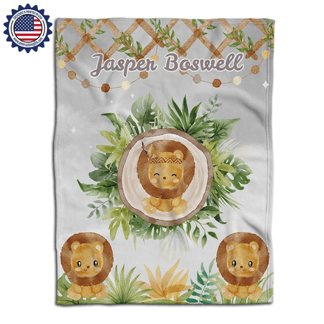 Blankets USA MADE Personalized Baby Boys Happy Lions Farm Party Blanket, Custom Name Blanket