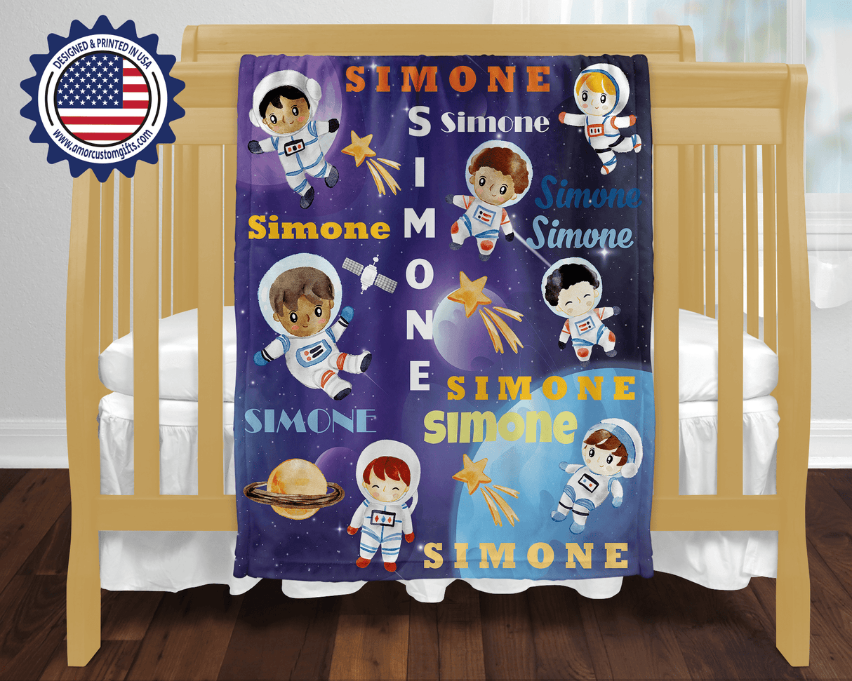 Blankets Personalized Baby Boys Little Astronaut Flying With Planets Blanket, Custom Name Blanket