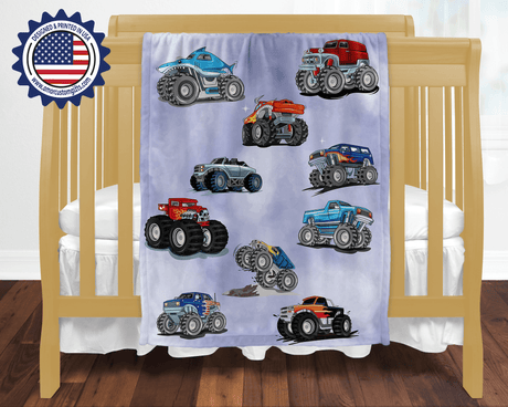 Blankets USA MADE Personalized Baby Boys Monster Trucks Blanket, Custom Name Blanket