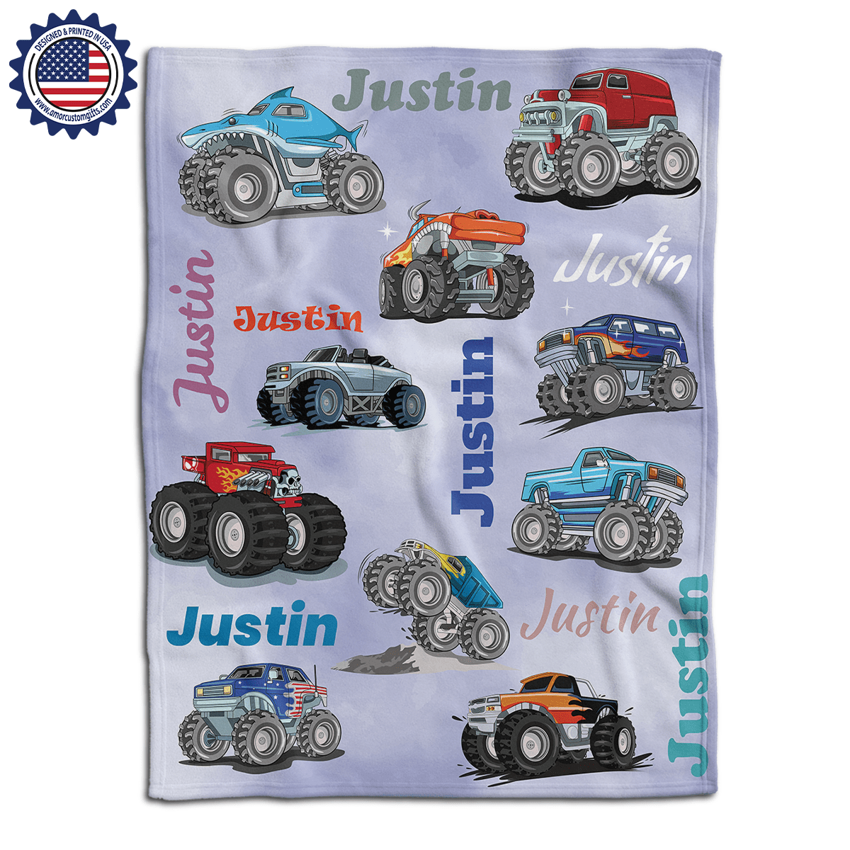 Blankets USA MADE Personalized Baby Boys Monster Trucks Blanket, Custom Name Blanket