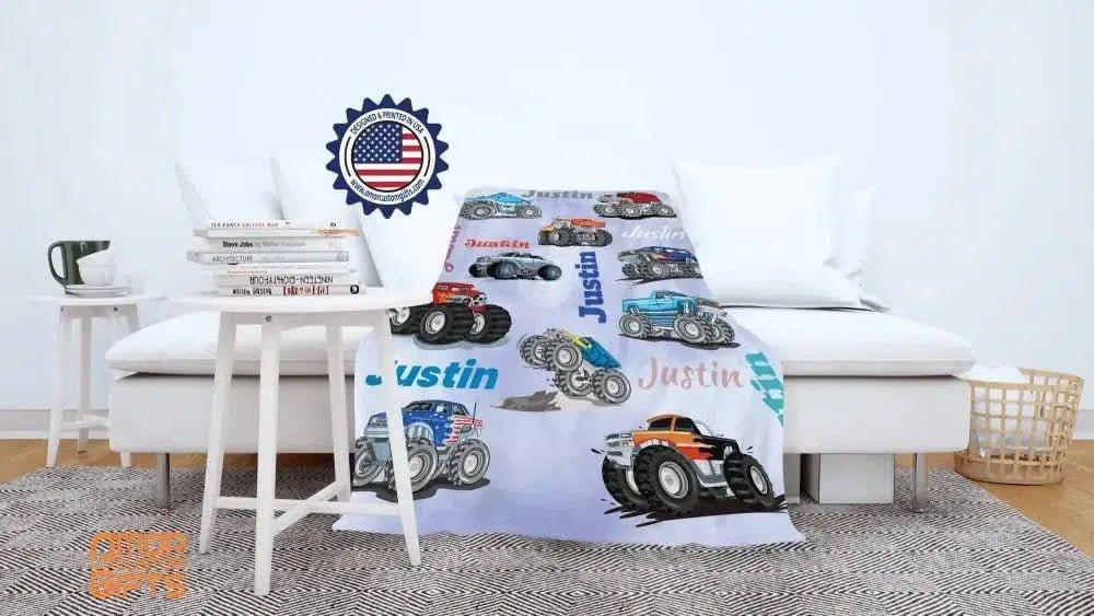 Blankets USA MADE Personalized Baby Boys Monster Trucks Blanket, Custom Name Blanket