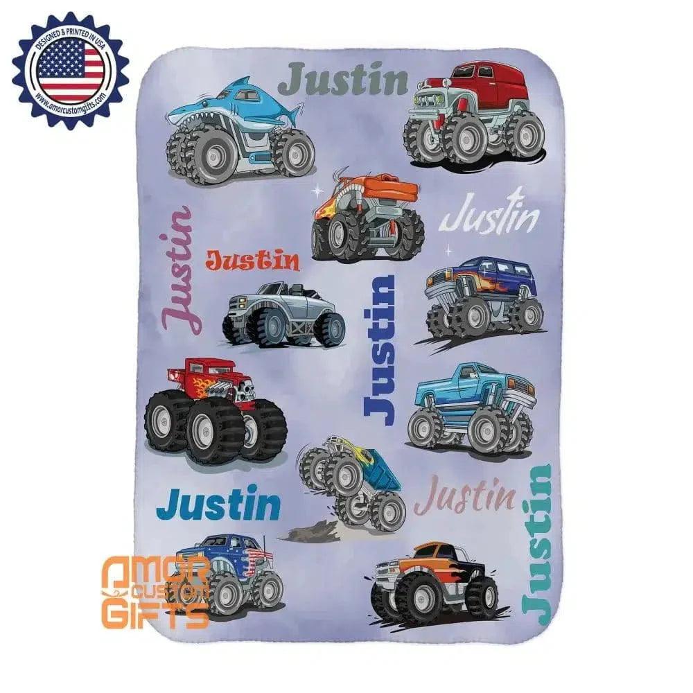 Blankets USA MADE Personalized Baby Boys Monster Trucks Blanket, Custom Name Blanket