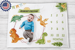 Blankets Personalized Baby Cute Dino Green Garden Milestone Blanket, Custom Name Monthly Growth Tracker Baby Boy Photo Prop Gender Reveal Tapestry Nursery Theme