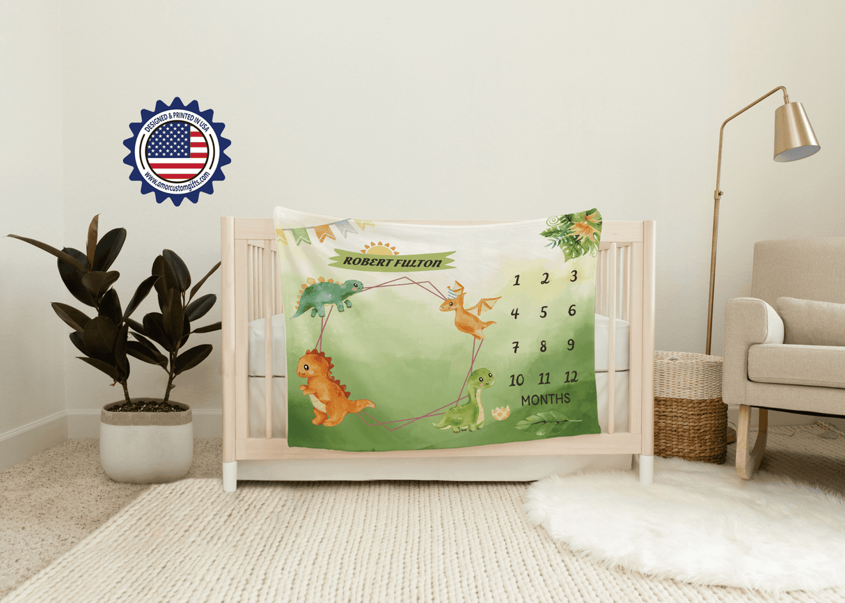 Blankets Personalized Baby Cute Dino Green Garden Milestone Blanket, Custom Name Monthly Growth Tracker Baby Boy Photo Prop Gender Reveal Tapestry Nursery Theme