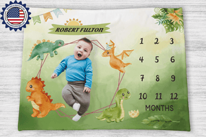 Blankets Personalized Baby Cute Dino Green Garden Milestone Blanket, Custom Name Monthly Growth Tracker Baby Boy Photo Prop Gender Reveal Tapestry Nursery Theme