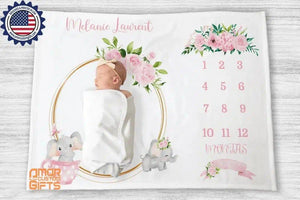 Blankets Personalized Baby Cute Elephant Milestone Blanket, Custom Name Monthly Growth Tracker Baby Girl Photo Prop Gender Reveal Tapestry Nursery Theme