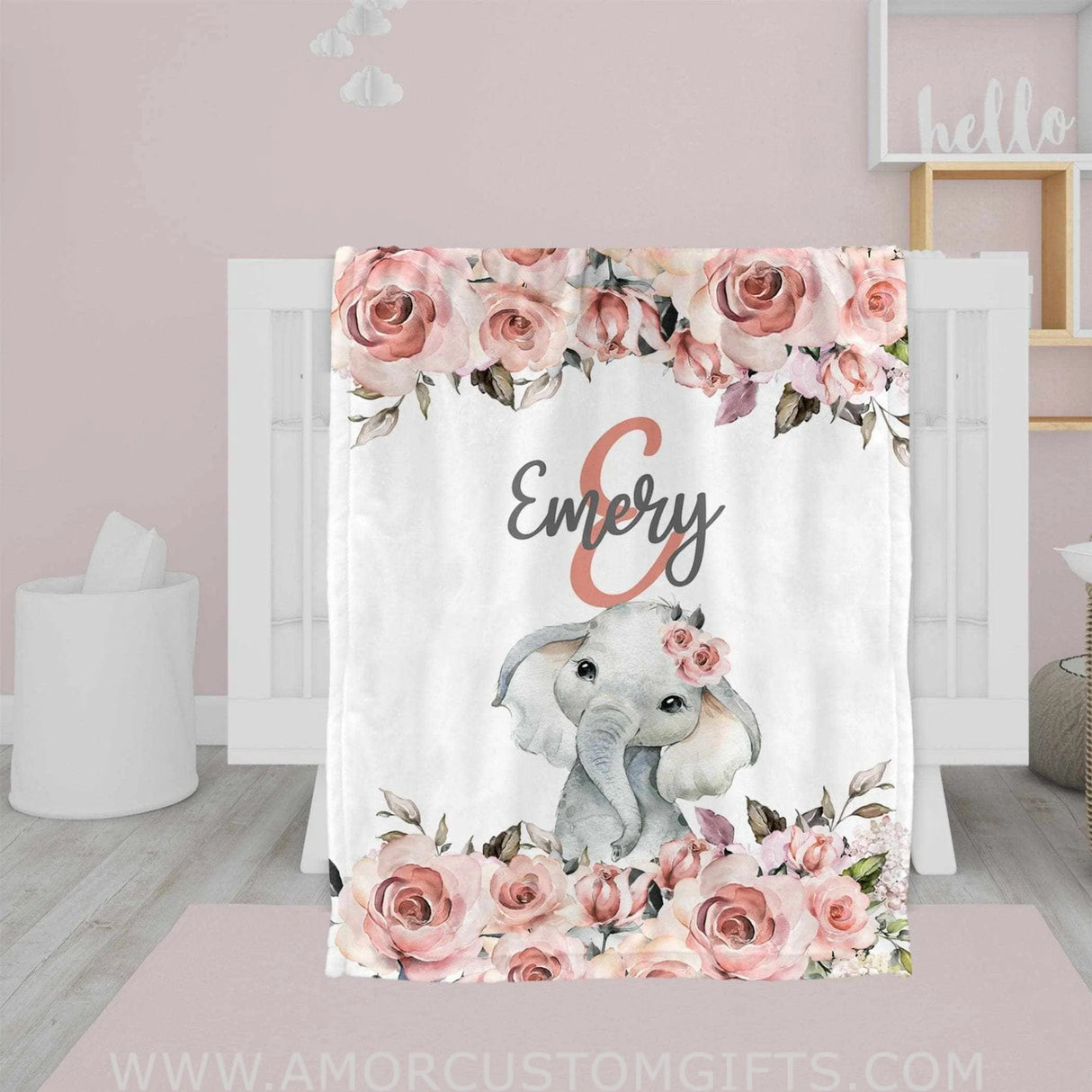 Blankets USA MADE Personalized Baby Elephant Animals Name Blanket, Floral Elephant Baby Blanket, Custom Name Blanket