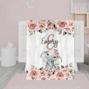 Blankets USA MADE Personalized Baby Elephant Animals Name Blanket, Floral Elephant Baby Blanket, Custom Name Blanket