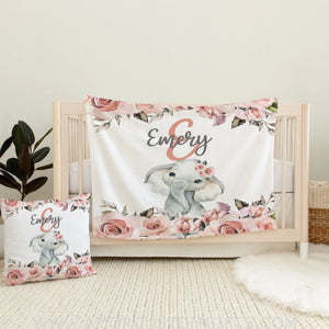Blankets USA MADE Personalized Baby Elephant Animals Name Blanket, Floral Elephant Baby Blanket, Custom Name Blanket