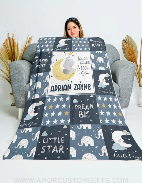 Blankets Personalized Baby Elephant Twinkle Star Animals Name Blanket, Elephant Twinkle Star Baby Blanket, Custom Name Blanket