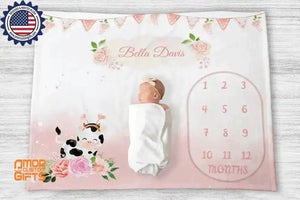 Blankets USA MADE Personalized Baby Farm Party Milestone Blanket, Custom Name Monthly Growth Tracker Baby Girl Photo Prop Gender Reveal Tapestry Nursery Theme