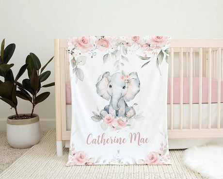 Blankets Personalized Baby Girl Blanket - Elephant Baby Blanket, Pink Floral Baby Blanket, Fleece, Sherpa Blanket