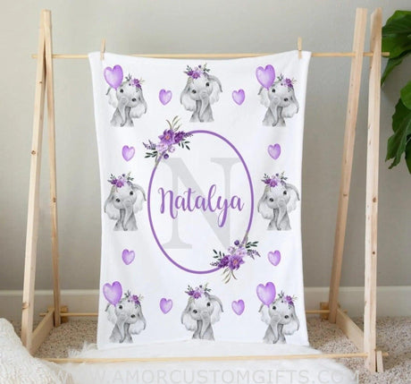 Blankets Personalized Baby Girl Blanket, Purple Floral Elephant Baby Blanket, Newborn Baby Shower Gift, Flower Elephant Baby Blanket