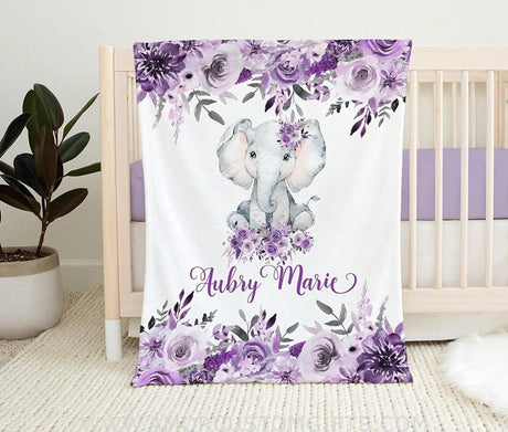 Blankets USA MADE Personalized Baby Girl Blanket - Safari Elephant Baby Blanket, Purple Floral Baby Blanket,, Swaddle Blanket