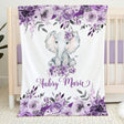 Blankets USA MADE Personalized Baby Girl Blanket - Safari Elephant Baby Blanket, Purple Floral Baby Blanket,, Swaddle Blanket