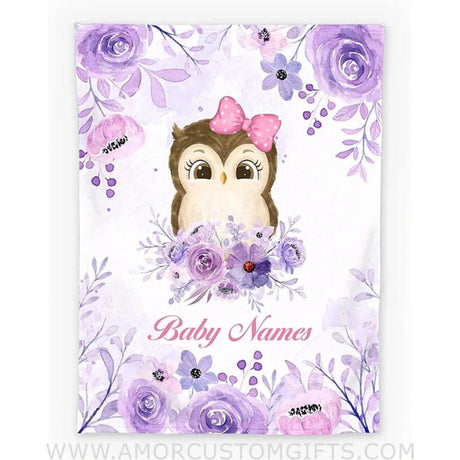 Blankets USA MADE Personalized Baby Girl Blankets, Floral Owl Baby Blanket Girl with Custom Name