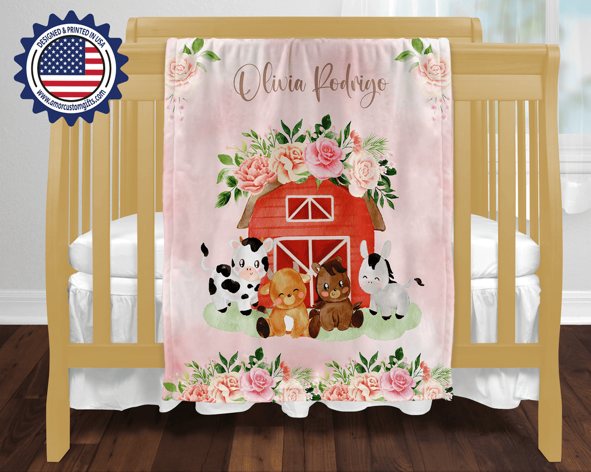 Blankets Personalized Baby Girl Farm Party At House Of Roses Blanket, Custom Name Blanket