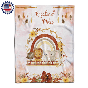 Blankets Personalized Baby Girl Happy Animal Rainbow In Autumn Blanket, Custom Name Blanket