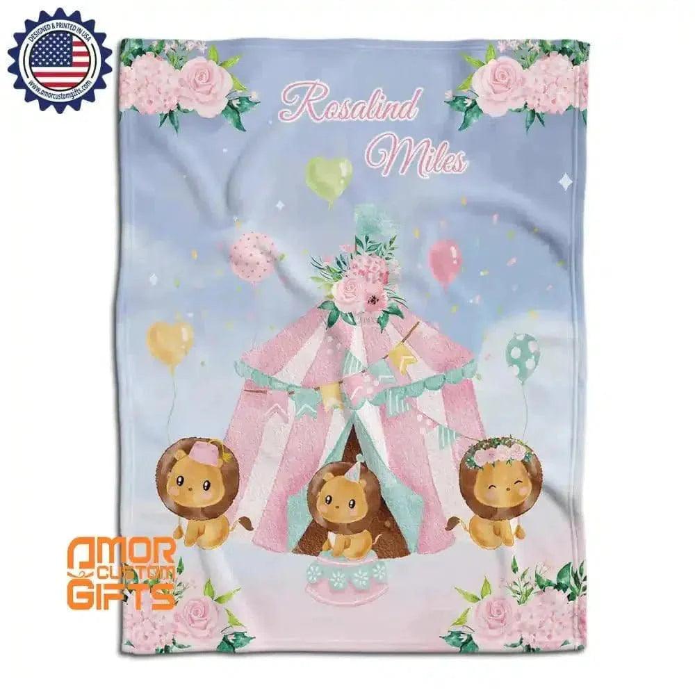 Blankets Personalized Baby Girl Lion Farm Party Rose Camping Blanket, Custom Name Blanket