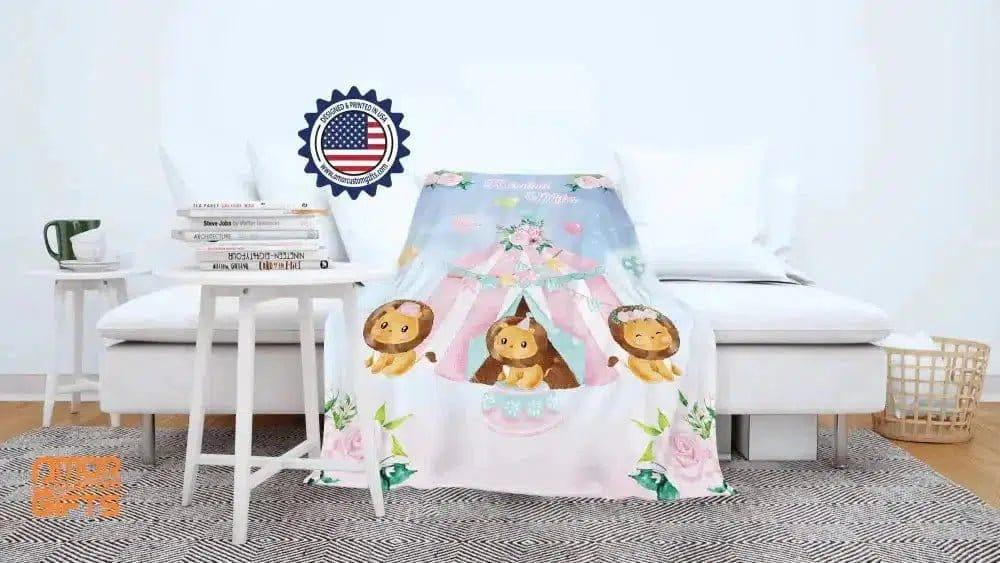 Blankets USA MADE Personalized Baby Girl Lion Farm Party Rose Camping Blanket, Custom Name Blanket