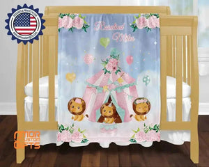 Blankets Personalized Baby Girl Lion Farm Party Rose Camping Blanket, Custom Name Blanket